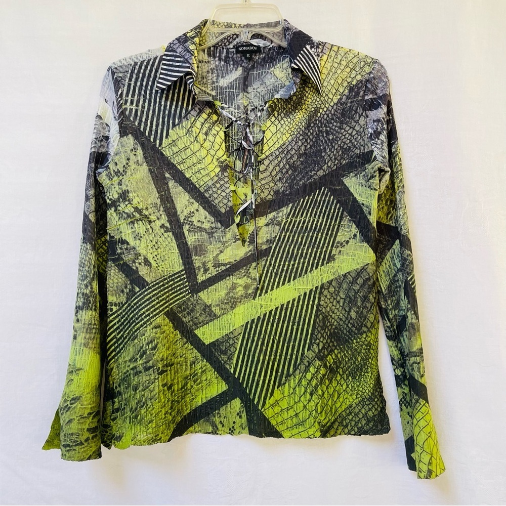 Komarov Green Crinkle Blouse Womens Small Lightweight Wedding Party Retro Glam
